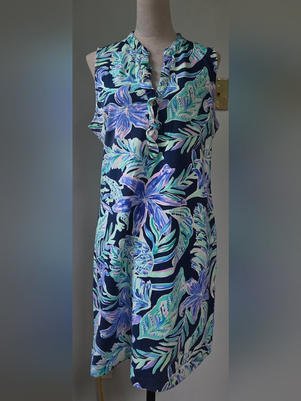 Lilly Pulitzer Navy Floral Sleeveless Teal+Lilac 36" long Print dress sz XL
